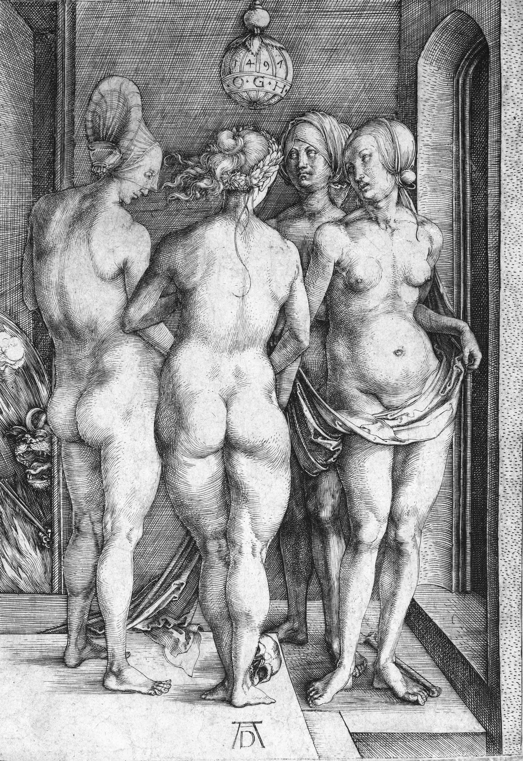 Albrecht Dürer, De fire hekse, 1497, Nürnberg. Radering. Michael Fornitz collection
