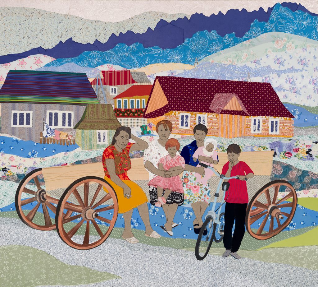 A textile artwork showing a group of people of different ages.