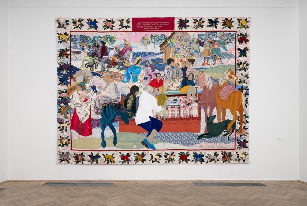 Textile artwork in colours.